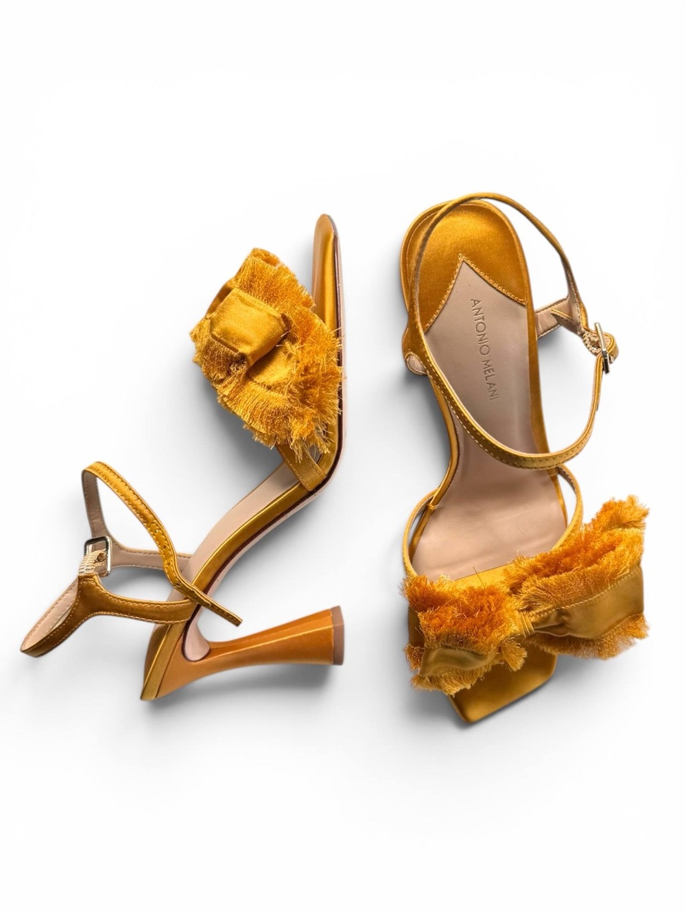 Antonio Melani Women Mustard Satin Fringe Bow Sandals Sculptural Heel Size 8 - Picture 11 of 13